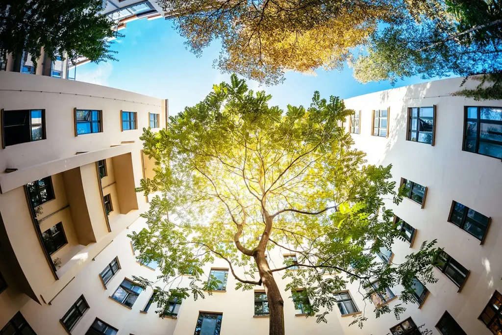 albero al centro di palazzi in città